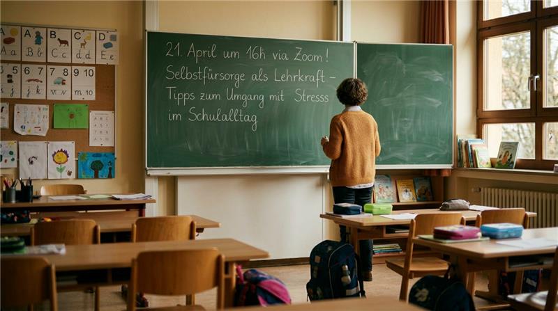 Person steht mit dem Rücken zur Kamera in einem Klassenzimmer vor einer Tafel. Auf der Tafel steht: 21. April um 16h via Zoom! Selbstfürsorge als Lehrkraft - Tipps zum Umgang mit Stress im Schulalltag