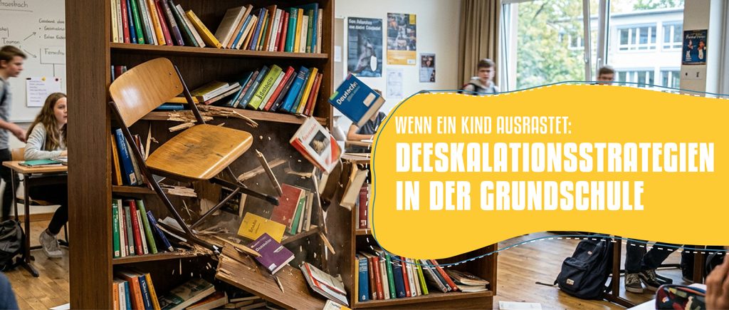 Ein Stuhl fliegt in ein Regal. Schrift: Deeskalationsstrategien in der Grundschule