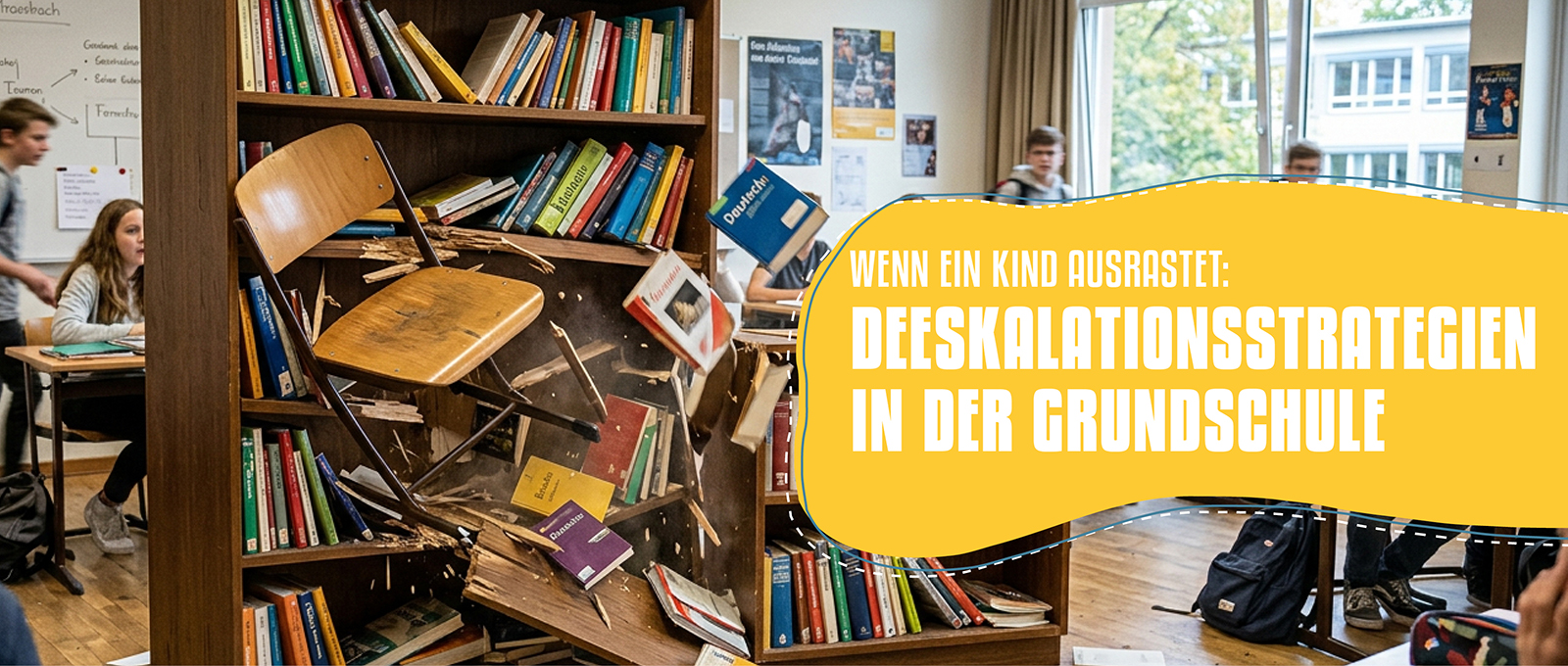 Ein Stuhl fliegt in ein Regal. Schrift: Deeskalationsstrategien in der Grundschule