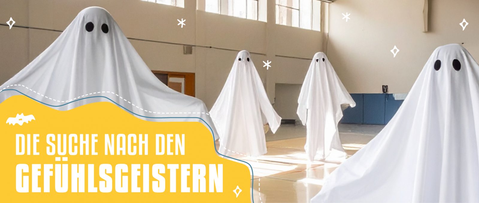 Bild mit Geistern in einer Sporthalle. Unten links ist ein gelbes Feld, auf dem "Die Suche nach Gefühlsgeistern" steht.